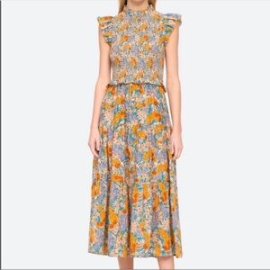 Sea New York Floral Midi Dress in Orange and Blue